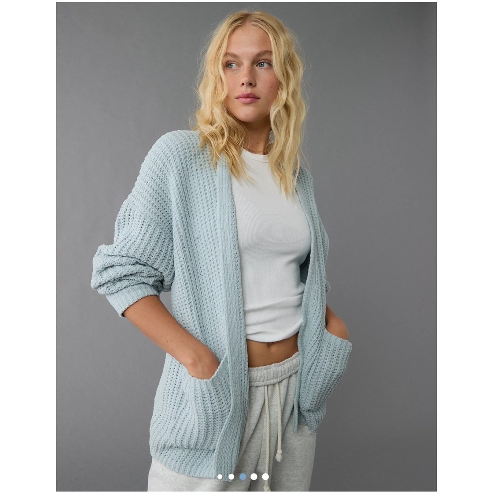 American Eagle Womens Chenille Open Front Cardigan Light Blue Size L Cozy